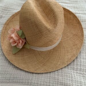 Liz Claiborne Tan Straw Hat with Pink Floral Detail